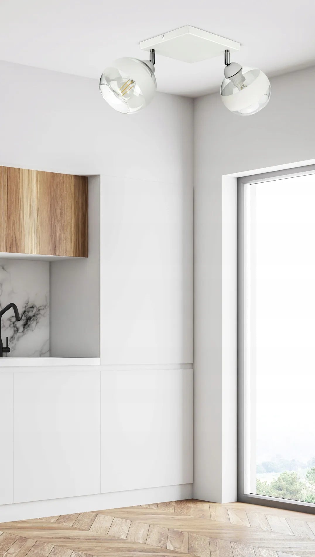 Pakabinamas lubinis šviestuvas „White Belt“ – baltas, stikliniai rutuliai, AG2 LED E27