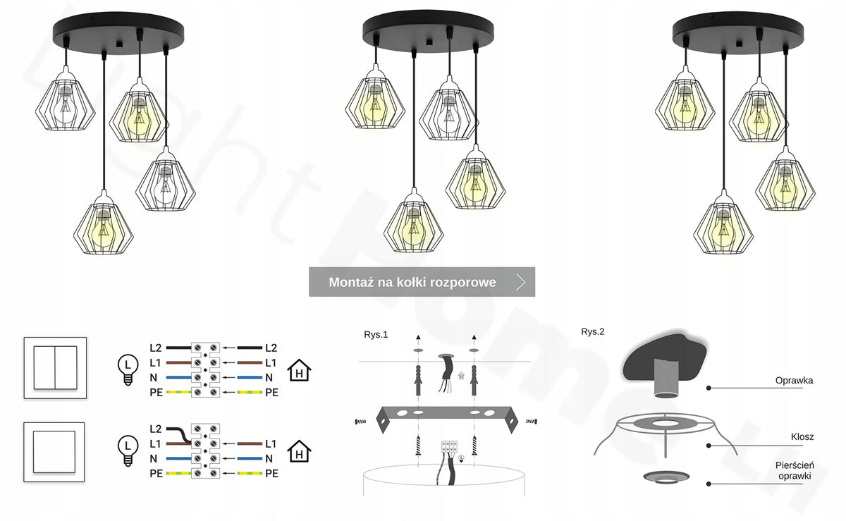 PAKABINAMAS LUBŲ ŠVIESTUVAS „EDISON“ 1502/4/OW/MIX, JUODAS, MODERNUS LOFT STILIAUS, METALINIAI GAUBTAI