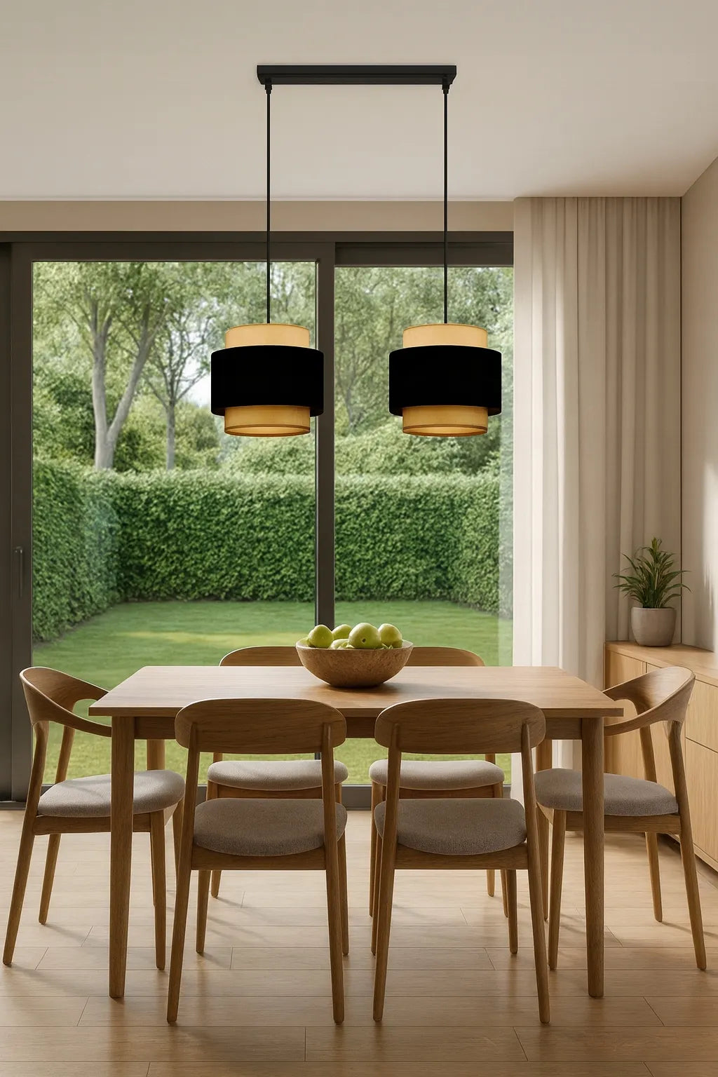 Pakabinamas šviestuvas „JUTA 1“ loft stiliaus, Komat, juodas su smėlio spalvos džiuto gaubtais