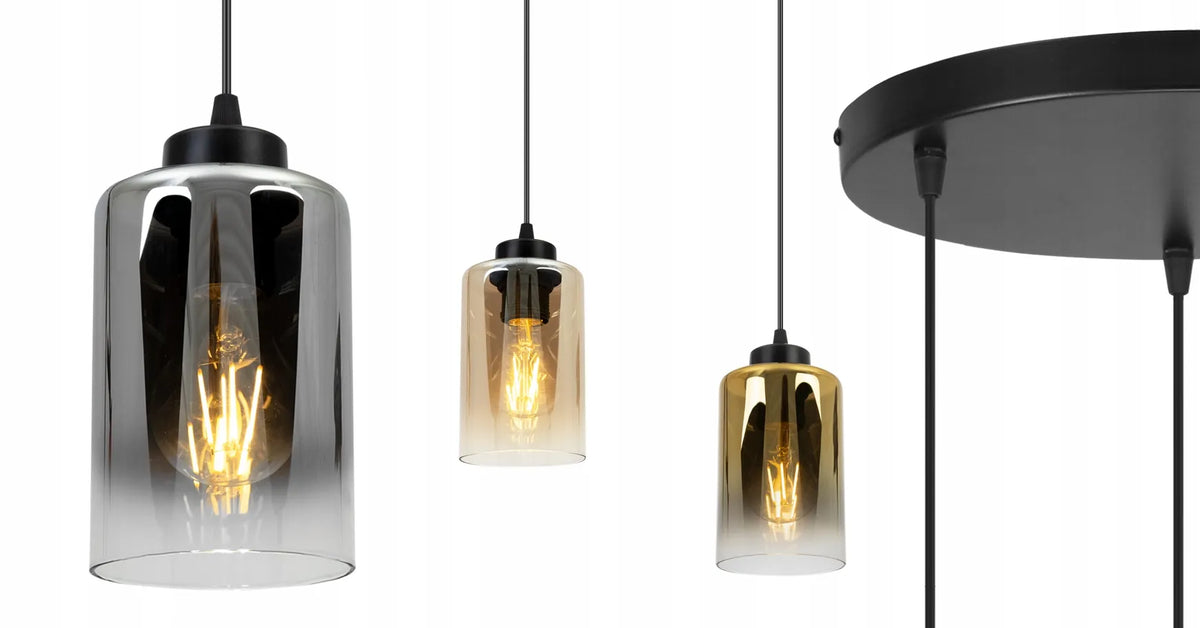 Pakabinamas trigubas lubinis šviestuvas „Hella“ – juodas su auksiniais stiklo gaubtais, loft stilius