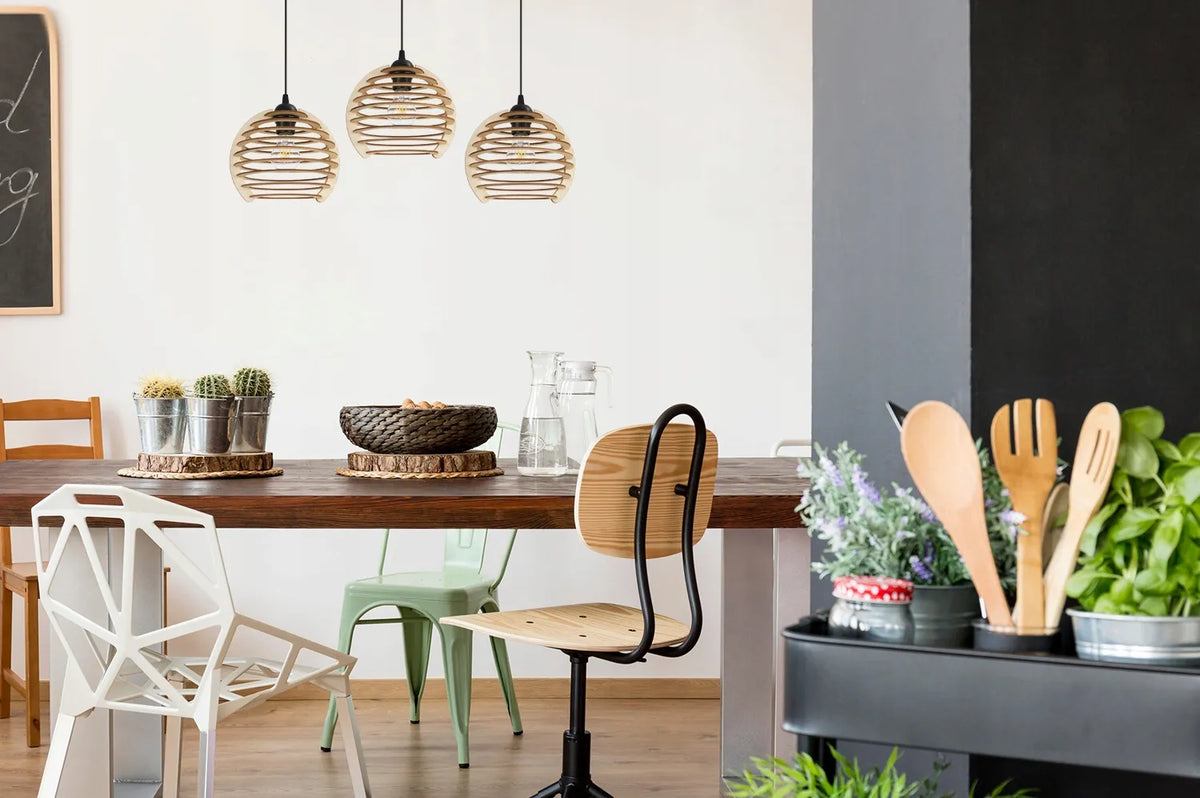 Pakabinamas trigubas medinis lubinis šviestuvas „Light Home“ TIMBER 2490/3, modernus boho stilius