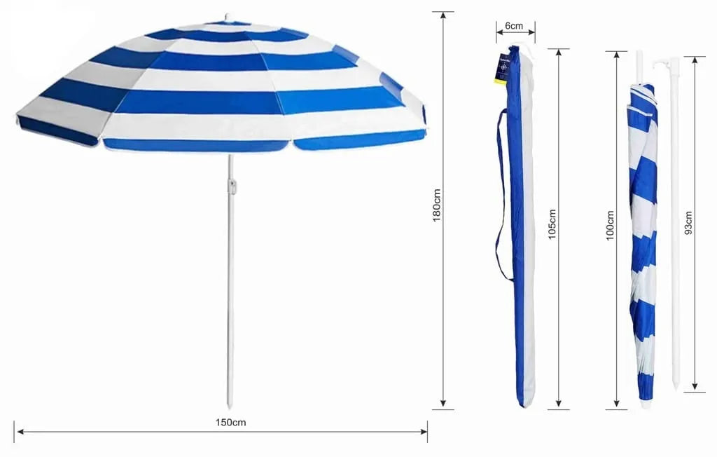 Paplūdimio skėtis Captain Mike su pakreipimo funkcija, dėklu ir UV apsauga UPF50+, lengvas, 160 cm