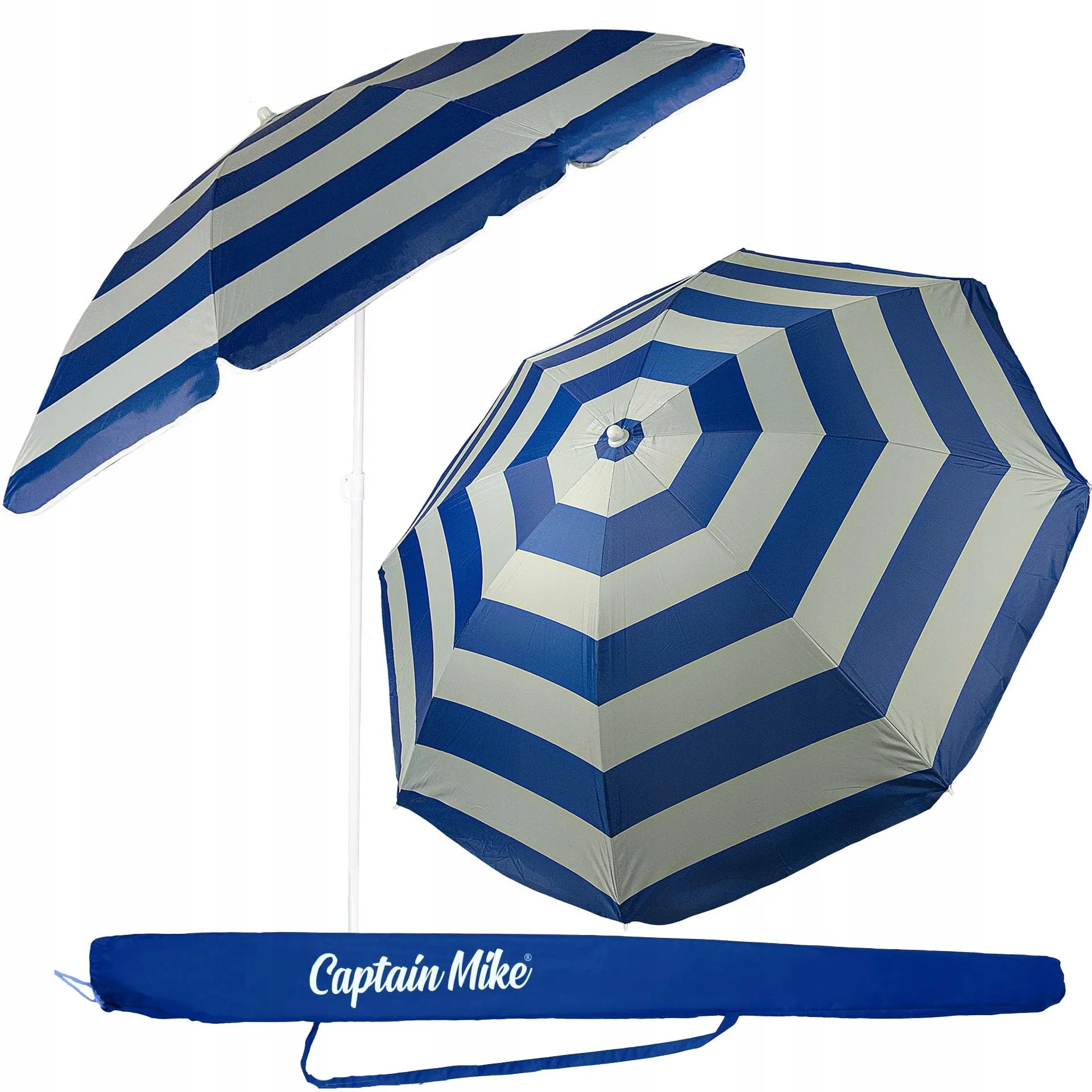 Paplūdimio skėtis Captain Mike su pakreipimo funkcija, dėklu ir UV UPF50+ apsauga, 160 cm