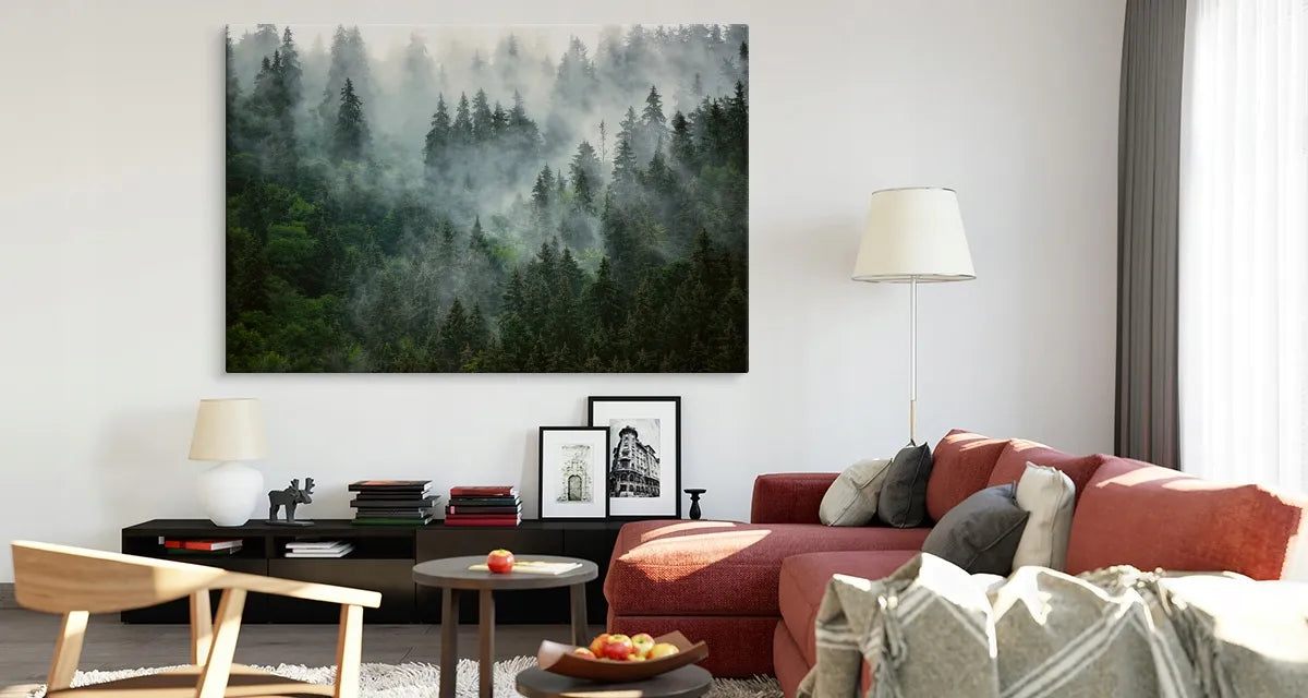 Paveikslas miegamajam svetainei Miškas rūke kalnai gamta kraštovaizdis sienai 120x80