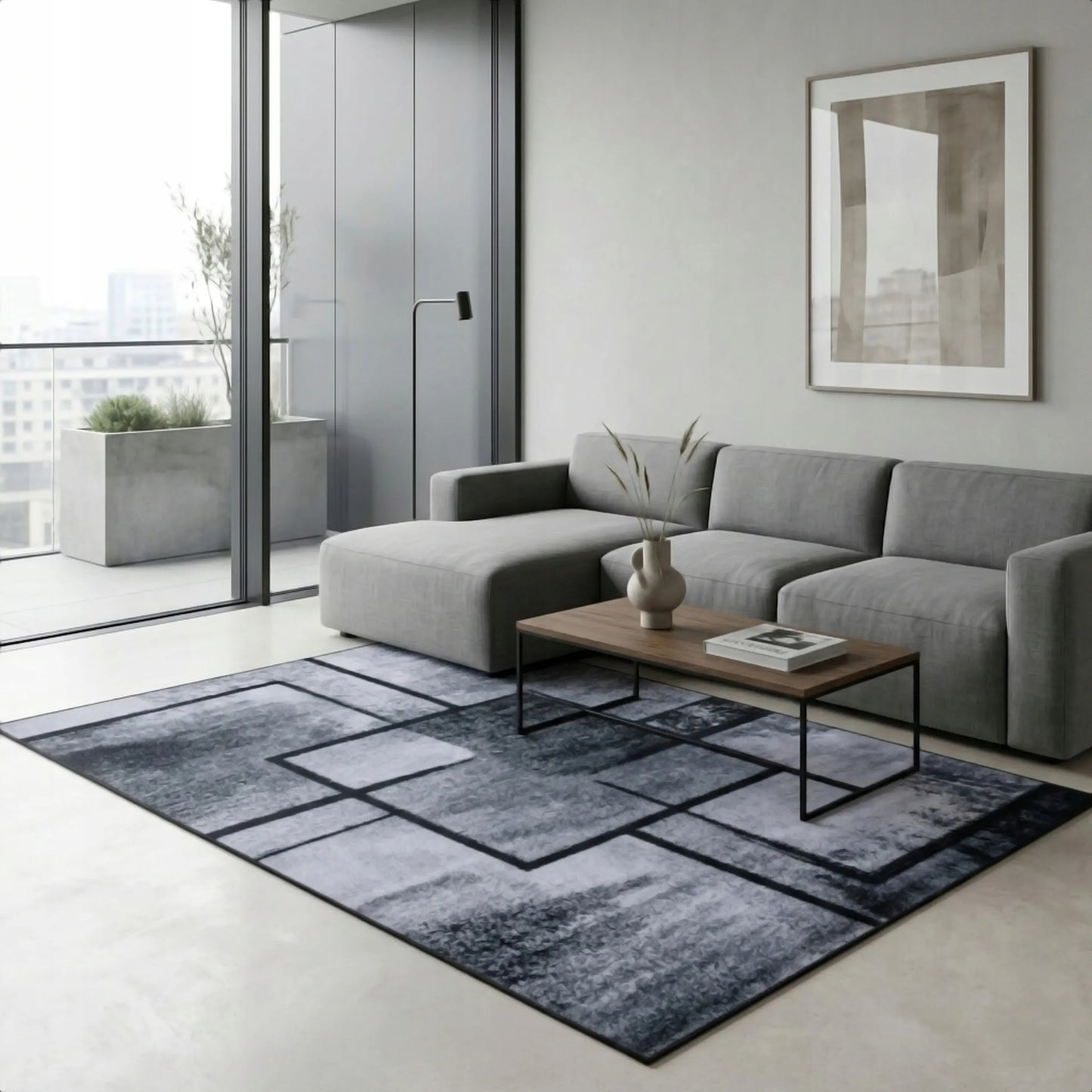 Pilkas geometrinis kilimas 220x160 cm, modernus kvadratų raštas, minkštas BCF svetainės kilimas
