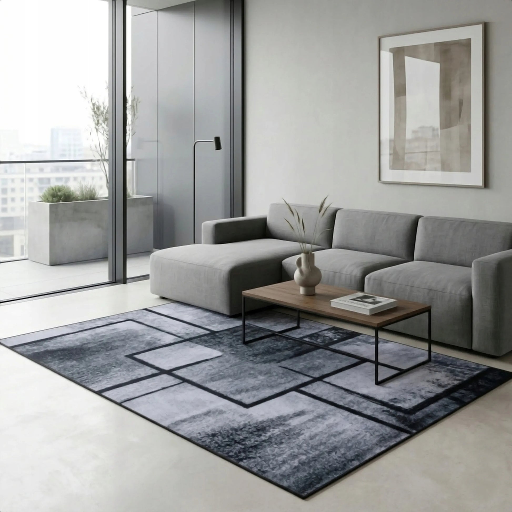 Pilkas geometrinis kilimas 220x160 cm, modernus kvadratų raštas, minkštas BCF svetainės kilimas