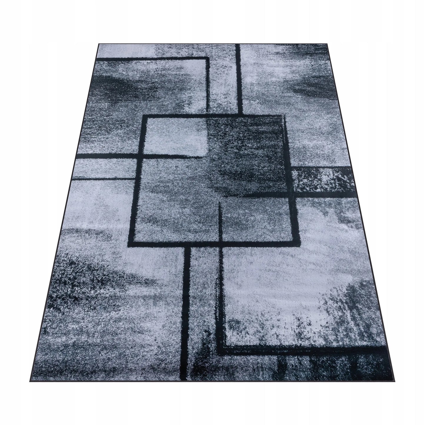Pilkas geometrinis kilimas 220x160 cm, modernus kvadratų raštas, minkštas BCF svetainės kilimas