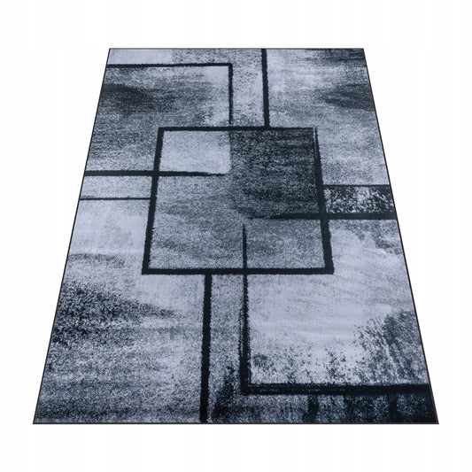 Pilkas geometrinis kilimas 220x160 cm, modernus kvadratų raštas, minkštas BCF svetainės kilimas