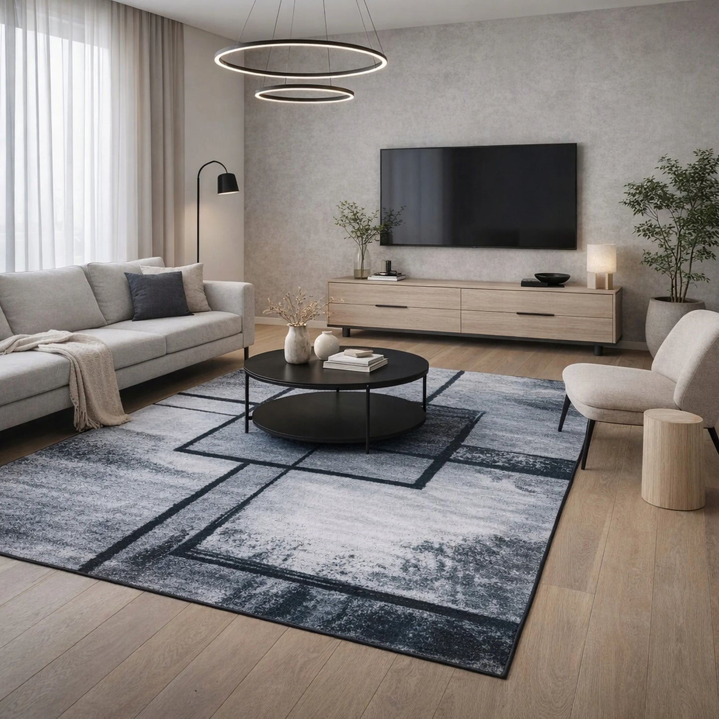 Pilkas geometrinis kilimas 220x160 cm, modernus kvadratų raštas, minkštas BCF svetainės kilimas