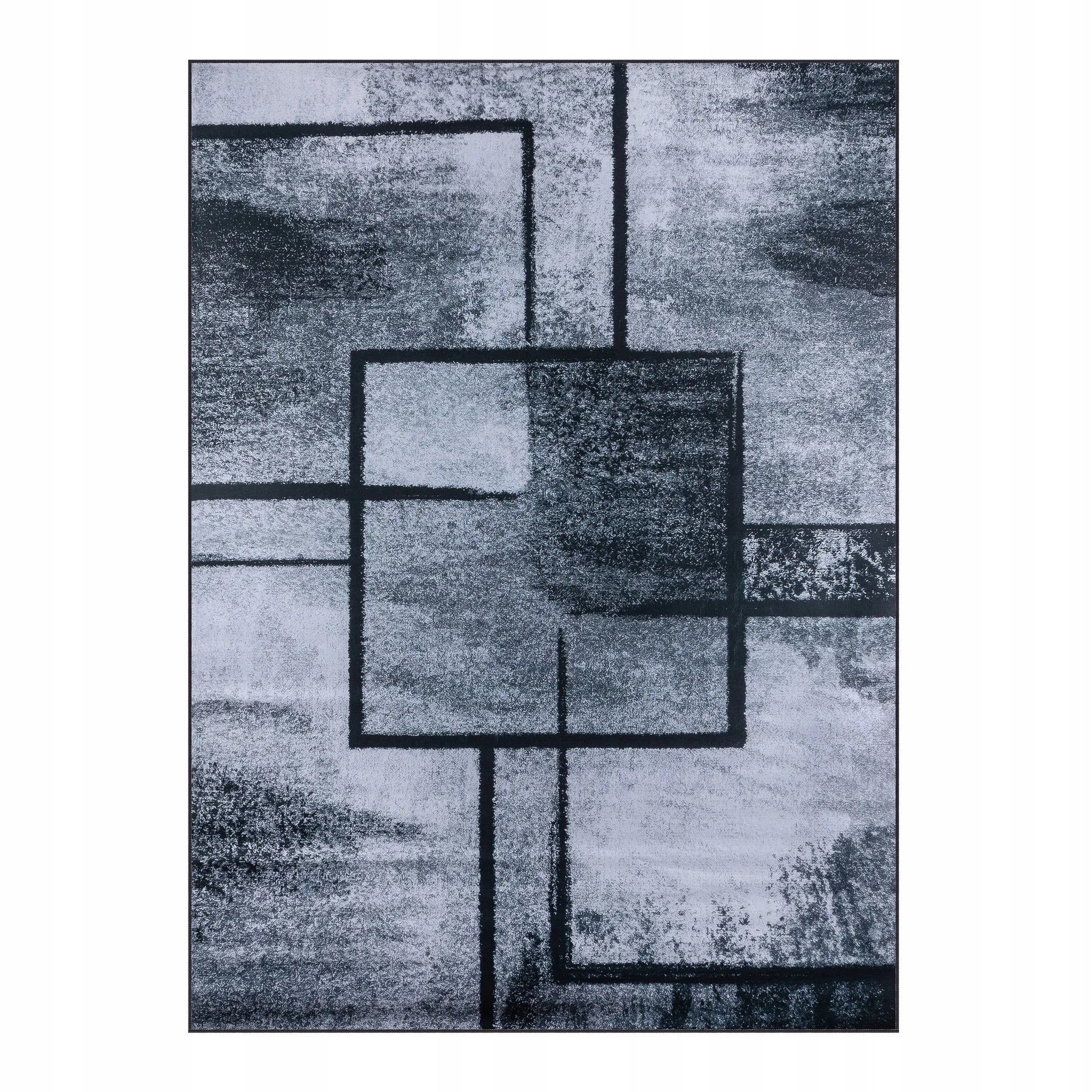 Pilkas geometrinis kilimas 220x160 cm, modernus kvadratų raštas, minkštas BCF svetainės kilimas