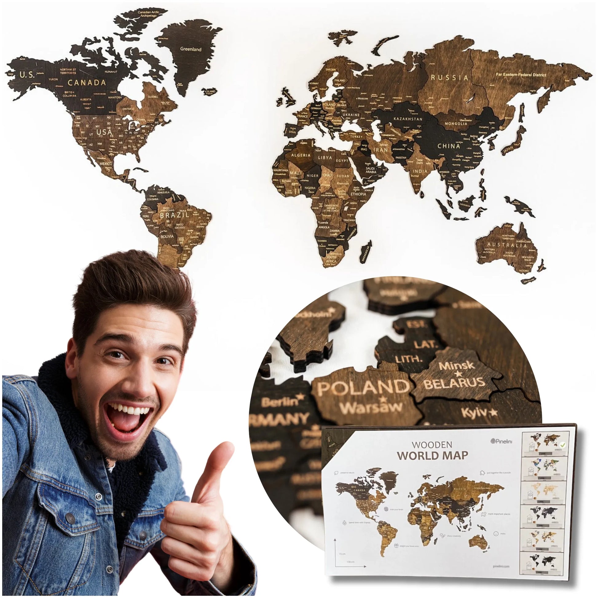 Pinelini medinis 3D pasaulio žemėlapis, miestai, sienos, sienų dekoracija, 105x60, dovana