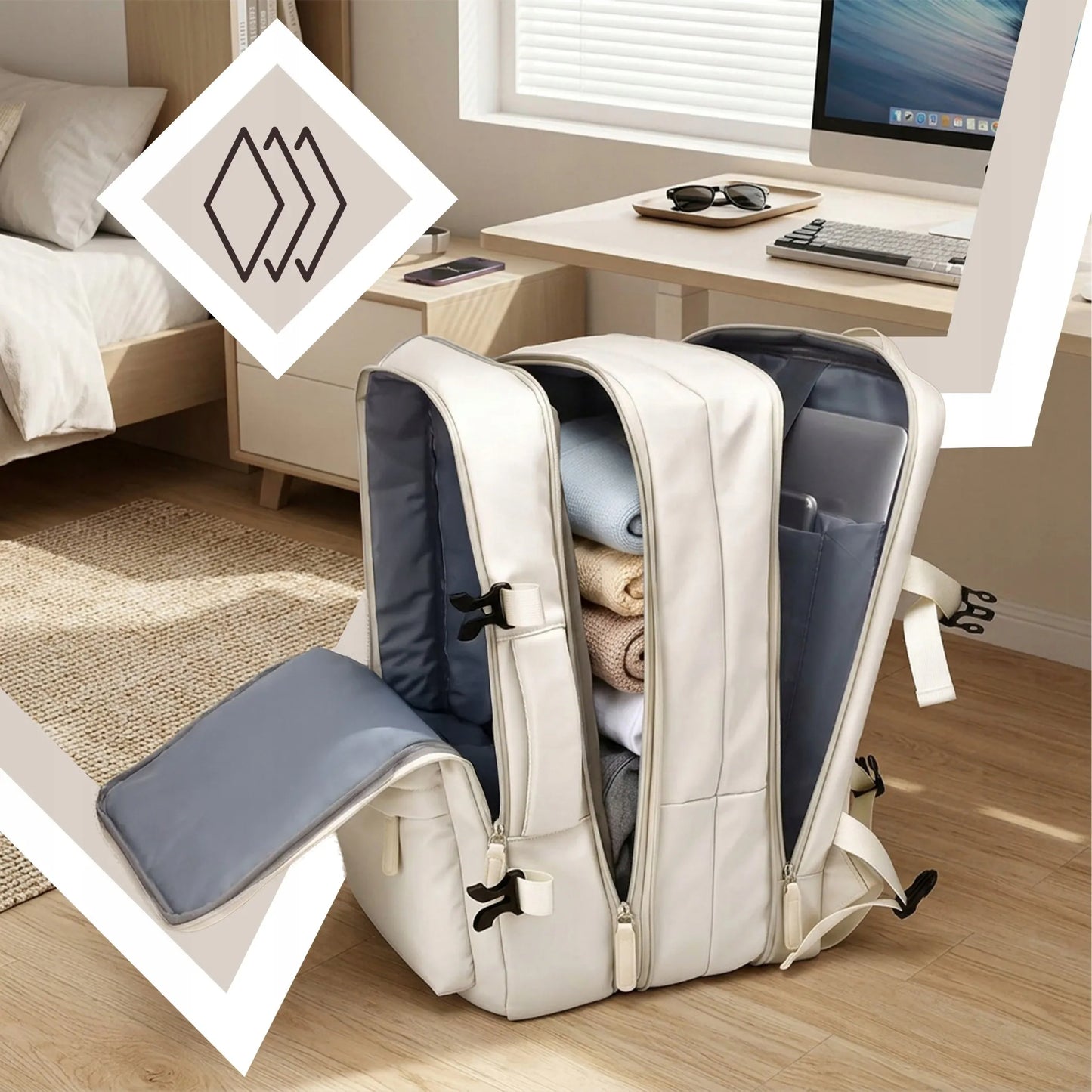 RETOO kelioninė kuprinė lėktuvui 40x30x20 cm, Ryanair Wizzair rankinis bagažas, balta