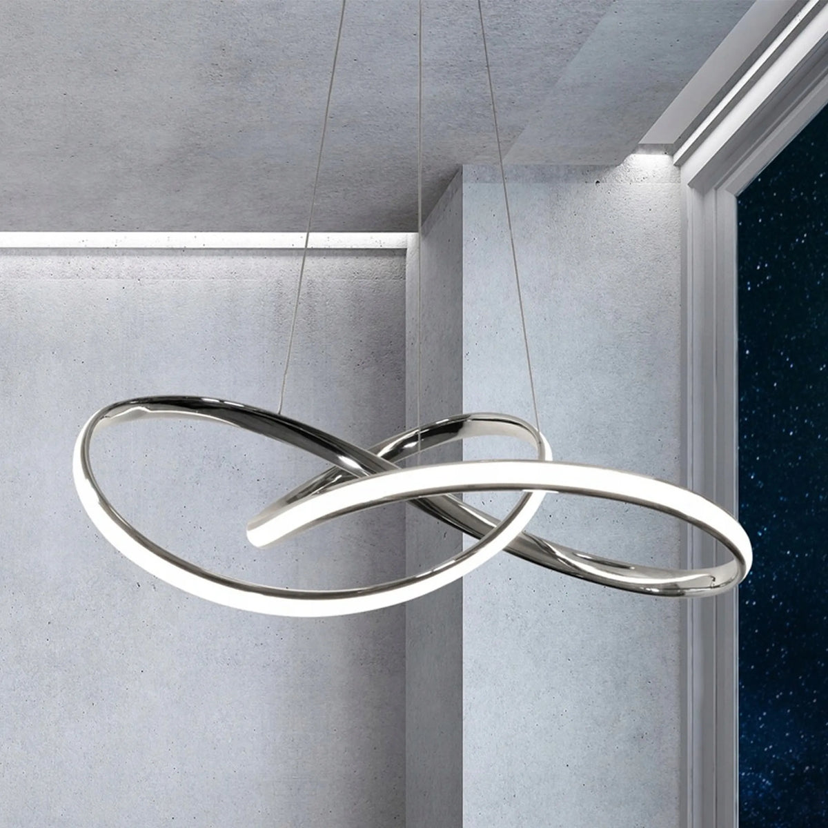 Sidabrinis pakabinamas LED lubinis šviestuvas „Krislamp Norton“ 60 cm su pulteliu, 3 šviesos spalvos