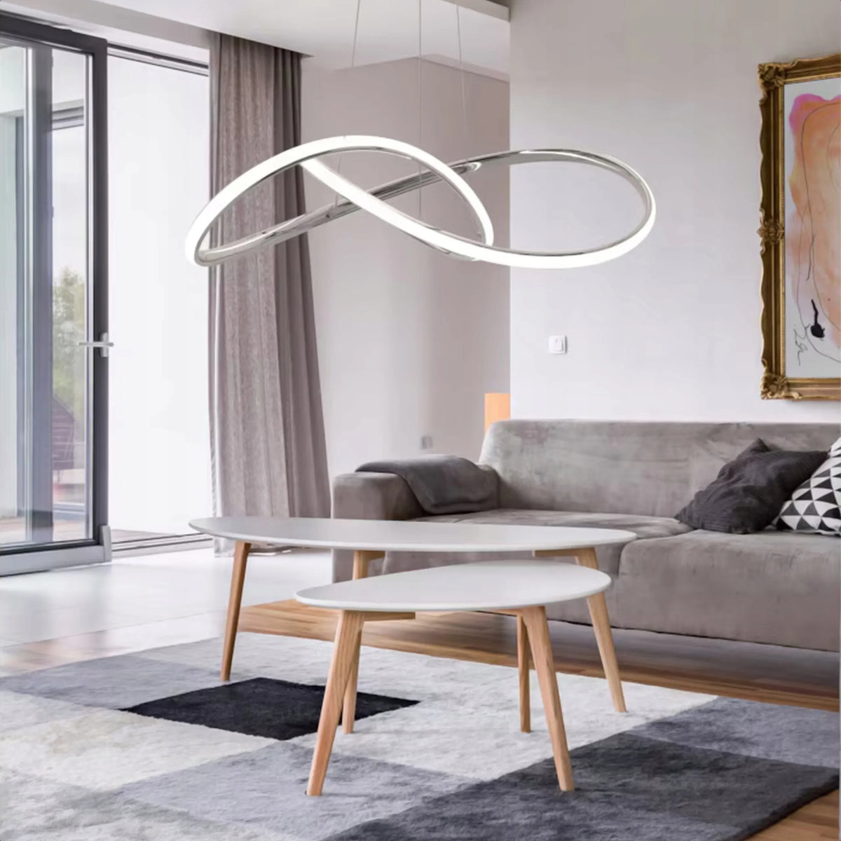Sidabrinis pakabinamas LED lubinis šviestuvas „Krislamp Norton“ 60 cm su pulteliu, 3 šviesos spalvos