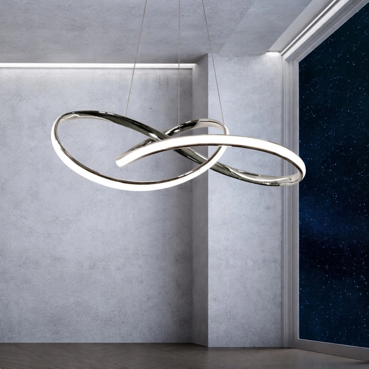 Sidabrinis pakabinamas LED lubinis šviestuvas „Krislamp Norton“ 60 cm su pulteliu, 3 šviesos spalvos
