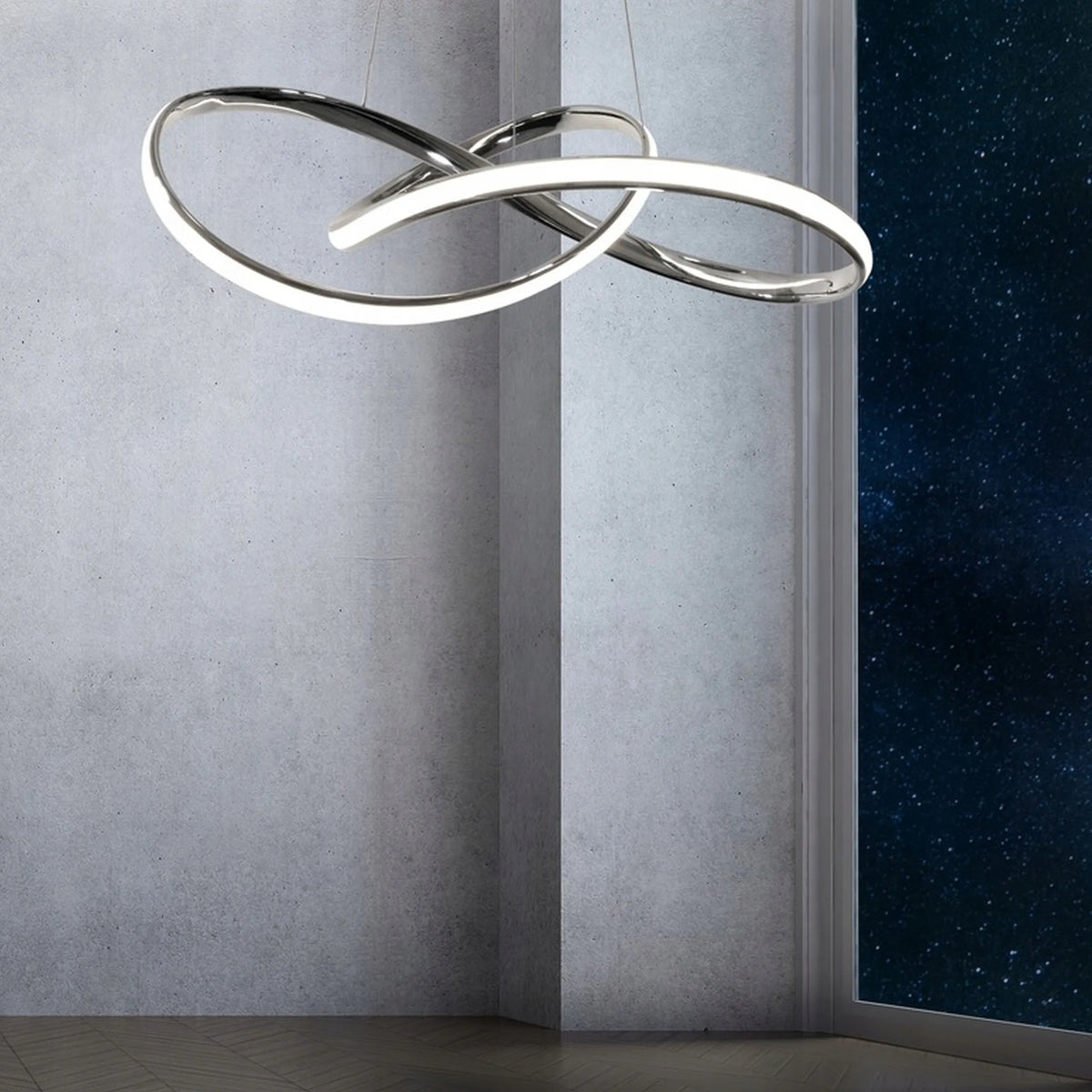 Sidabrinis pakabinamas LED lubinis šviestuvas „Krislamp Norton“ 60 cm su pulteliu, 3 šviesos spalvos