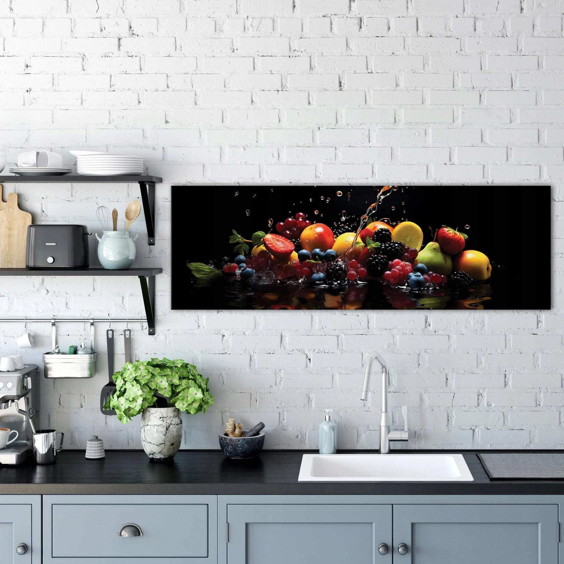 Šiuolaikinis drobės paveikslas virtuvei Vaisiai ir vanduo, juodas, 145x45 cm