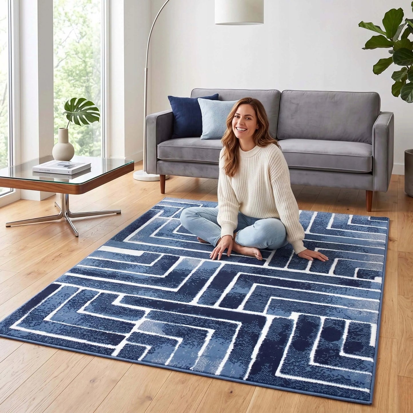 Šiuolaikinis kilimas svetainei ir virtuvei 100x150cm Eureka Home - mėlynas, geometrinis