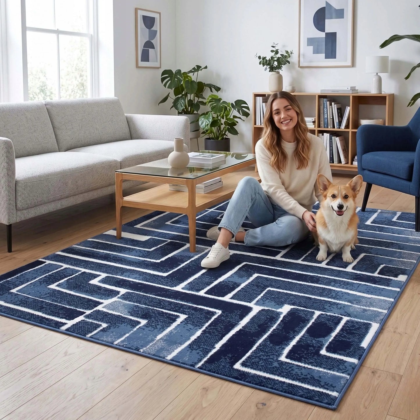 Šiuolaikinis kilimas svetainei ir virtuvei 100x150cm Eureka Home - mėlynas, geometrinis