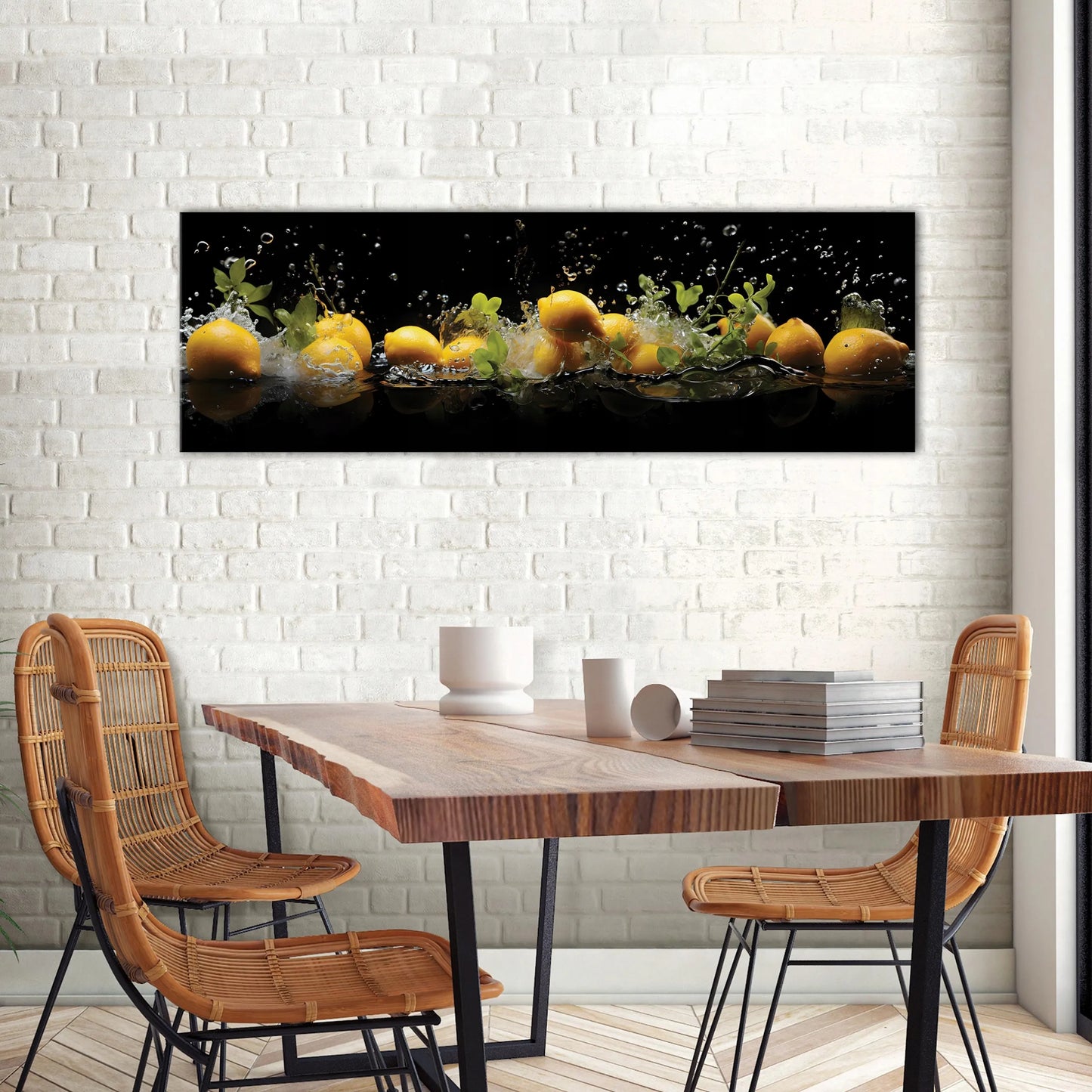 Šiuolaikinis paveikslas virtuvei „Citrinos, vanduo, juodas fonas“, drobė, 145x45 cm