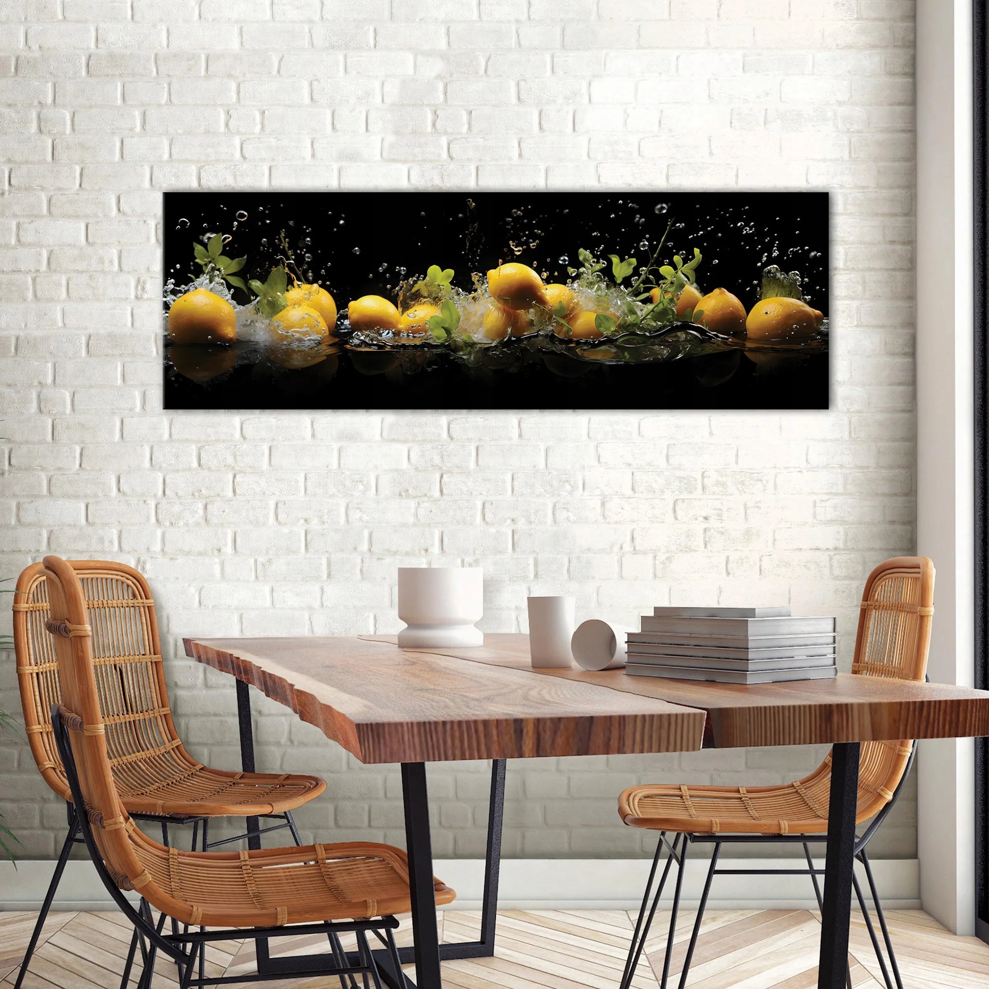 Šiuolaikinis paveikslas virtuvei „Citrinos, vanduo, juodas fonas“, drobė, 145x45 cm