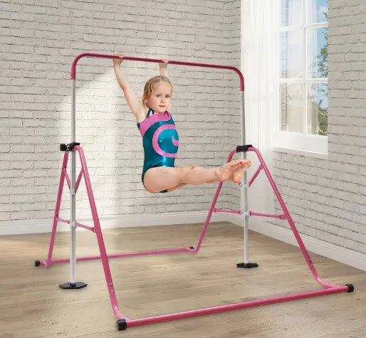 Sudedamas gimnastikos skersinis vaikams, 80 kg, 5 reguliuojami aukščiai, rožinis, plieninis, treniruočių