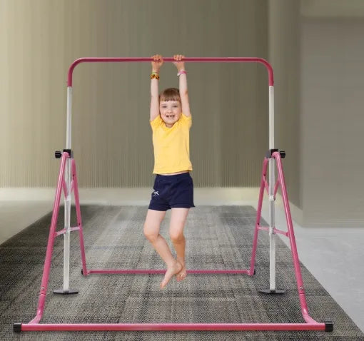 Sudedamas gimnastikos skersinis vaikams, 80 kg, 5 reguliuojami aukščiai, rožinis, plieninis, treniruočių
