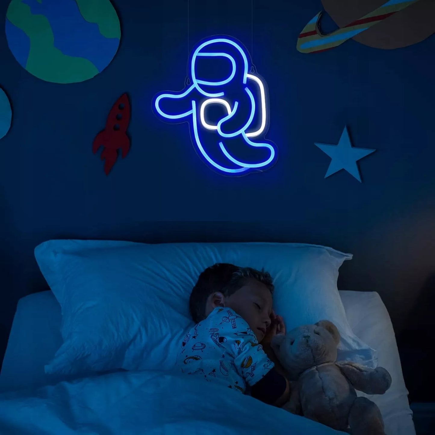 SuperLED neoninis LED sieninis šviestuvas, naktinė lempa Astronautas, USB 5V