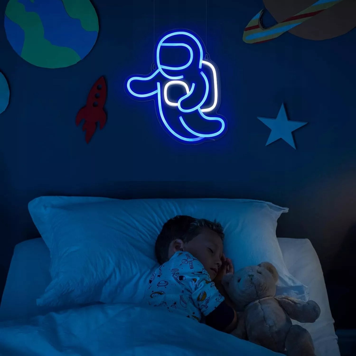 SuperLED neoninis LED sieninis šviestuvas, naktinė lempa Astronautas, USB 5V