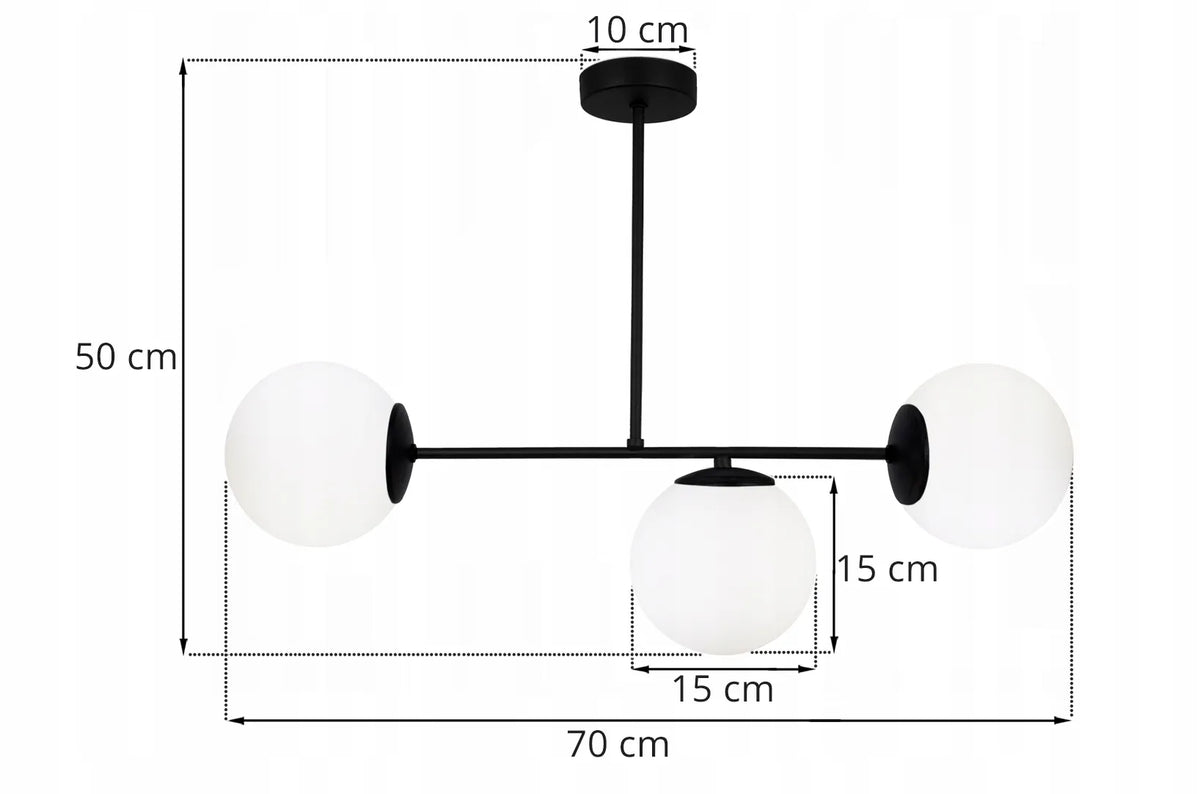 TRIGUBA PAKABINAMA LUBINĖ LAMPA „PALERMO“ – „GLAMOUR“ IR „LOFT“ STILIAUS, SU BALTAIS STIKLINIAIS RUTULIO FORMOS GAUBTAIS