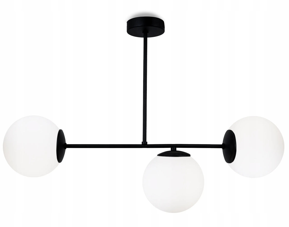 TRIGUBA PAKABINAMA LUBINĖ LAMPA „PALERMO“ – „GLAMOUR“ IR „LOFT“ STILIAUS, SU BALTAIS STIKLINIAIS RUTULIO FORMOS GAUBTAIS
