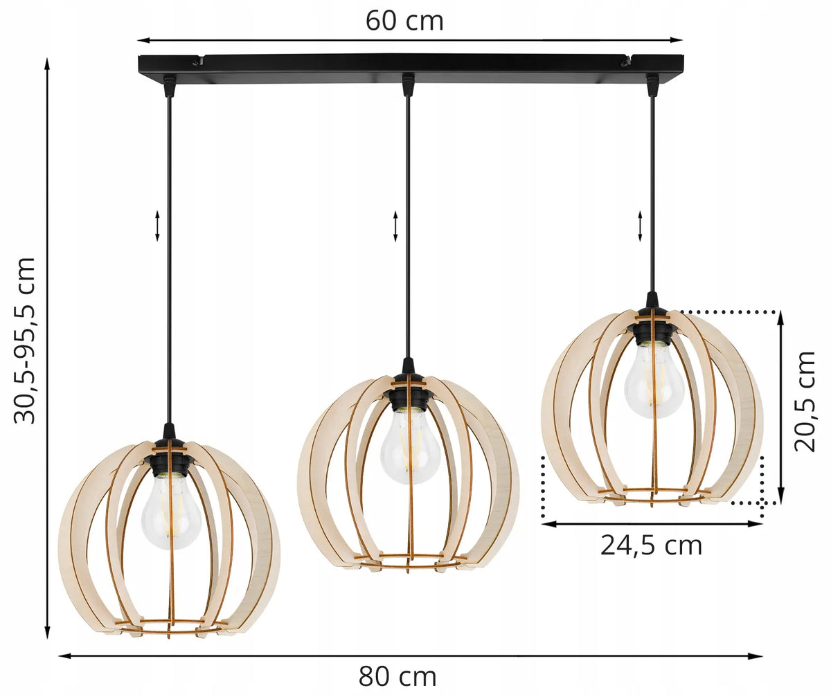 Trigubas pakabinamas lubų šviestuvas „Light Home Timber“ iš medžio, modernus boho stiliaus