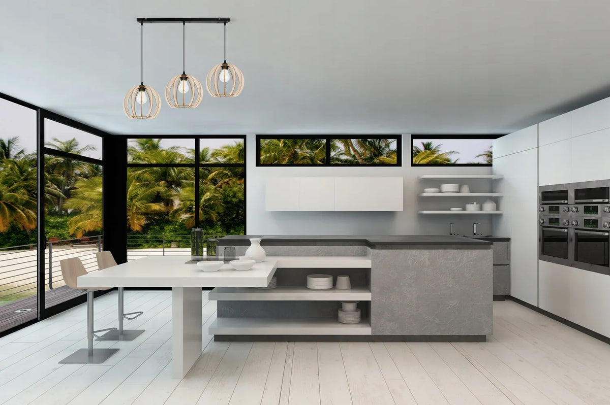 Trigubas pakabinamas lubų šviestuvas „Light Home Timber“ iš medžio, modernus boho stiliaus