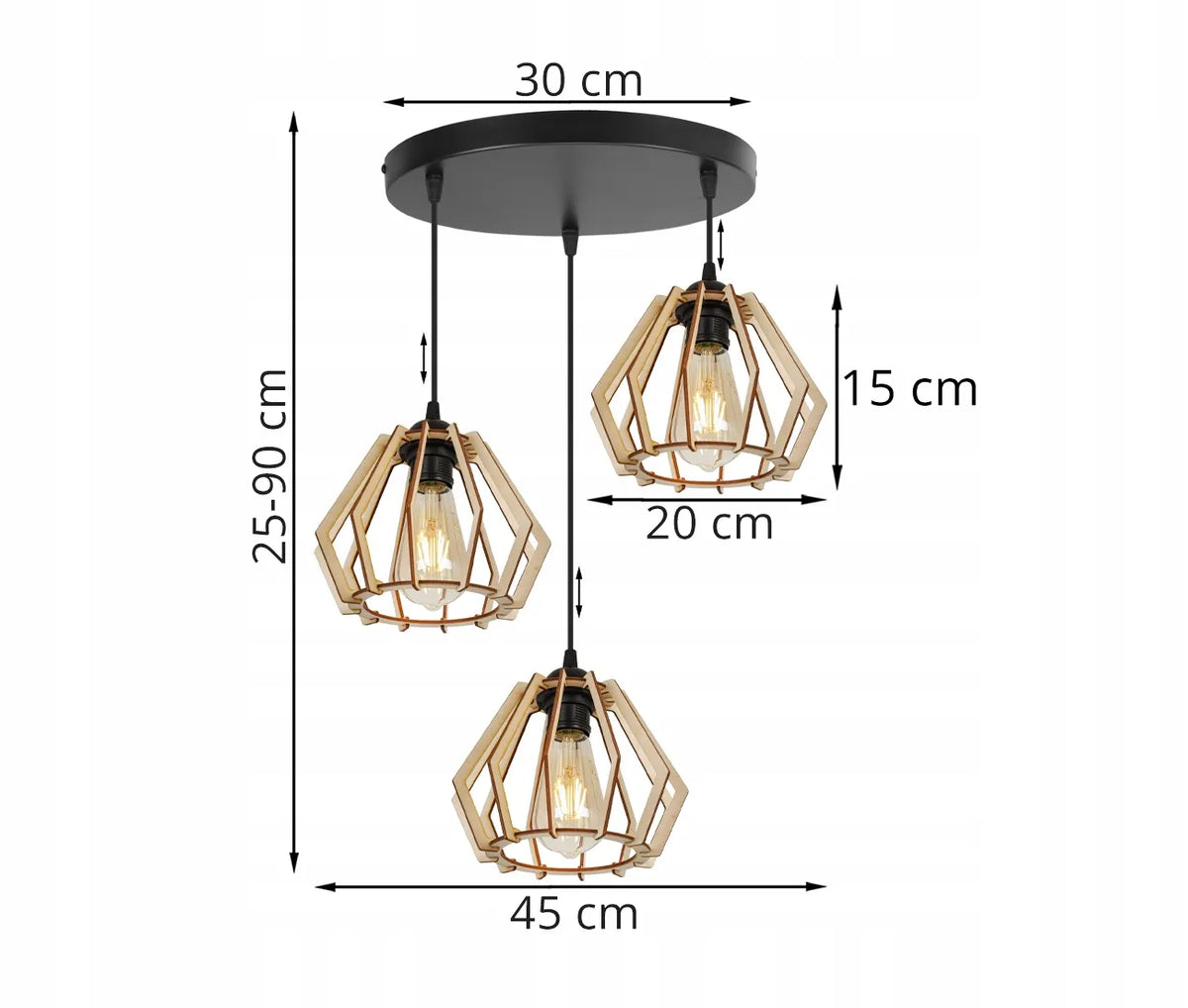 TRIJŲ ŠVIESOS ŠALTINIŲ KABAMAS LUBINIS ŠVIESTUVAS „TIMBER“ – MEDINIS, MODERNUS, BOHO, LED