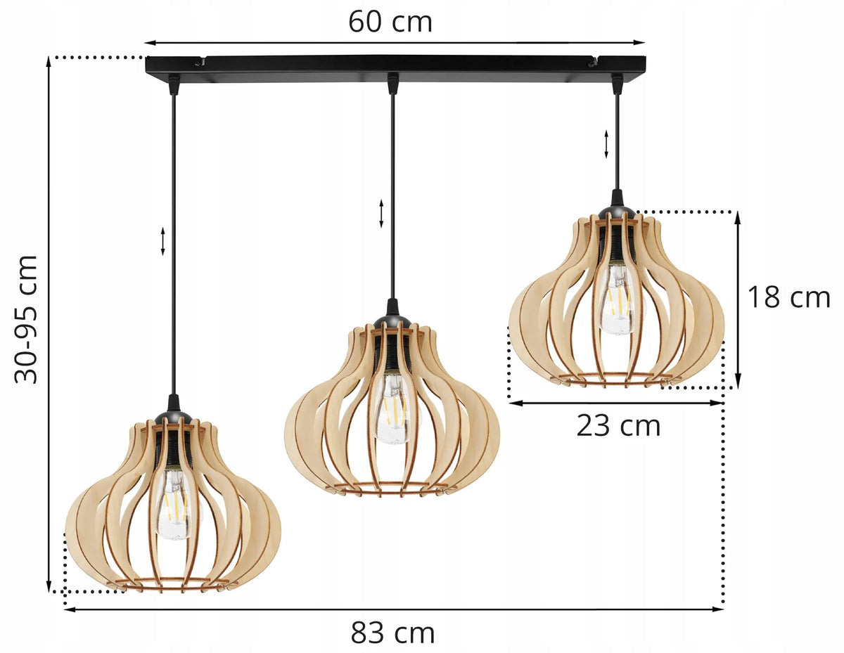Trijų šviestuvų medinis pakabinamas lubinis šviestuvas „Light Home TIMBER 2365/3“, modernus boho stilius