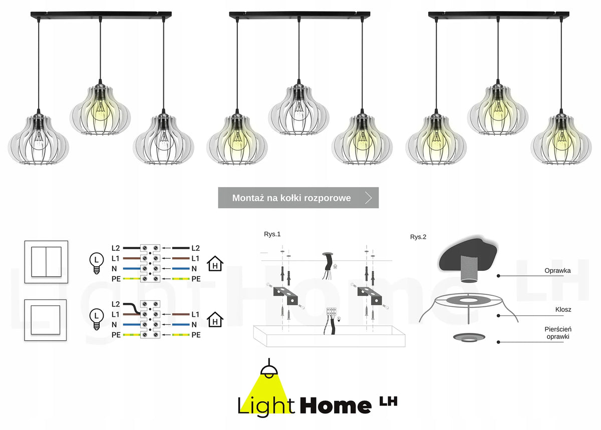 Trijų šviestuvų medinis pakabinamas lubinis šviestuvas „Light Home TIMBER 2365/3“, modernus boho stilius