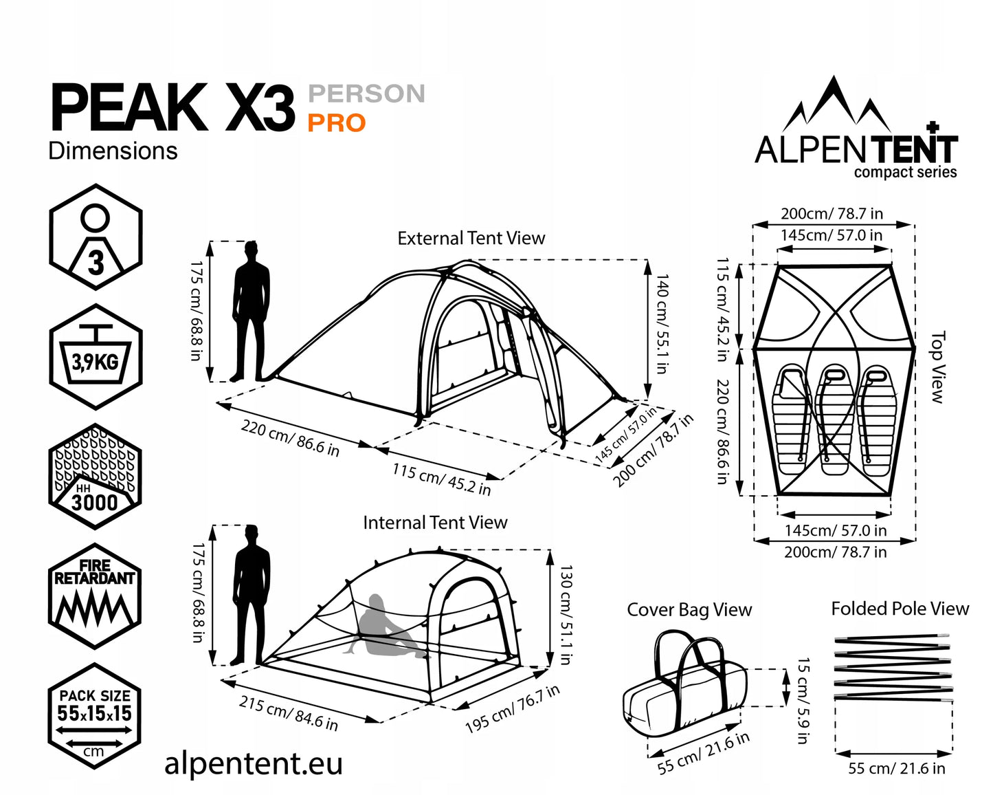 Trivietė palapinė AlpenTent Peak X3 PRO 3,6 kg
