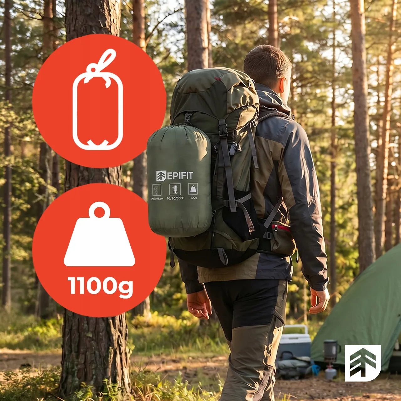 Turistinis miegmaišis Epifit TRAIL10, lengvas, ,,mumina'', su gobtuvu, chaki spalvos