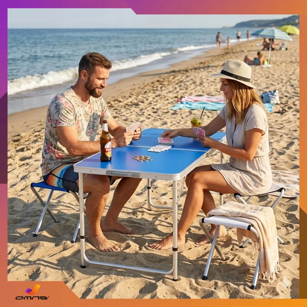 Turistinis sulankstomas stalas su 4 kėdėmis, kempingo komplektas 120x60