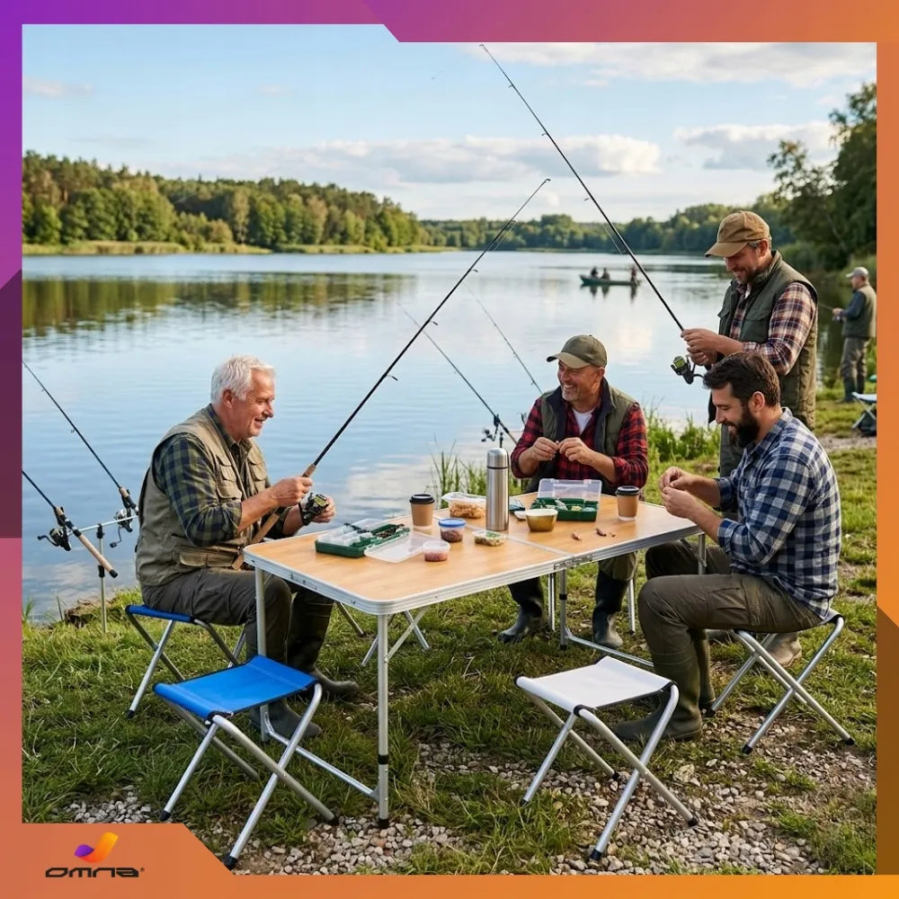 Turistinis sulankstomas stalas su 4 kėdėmis, kempingo komplektas 120x60