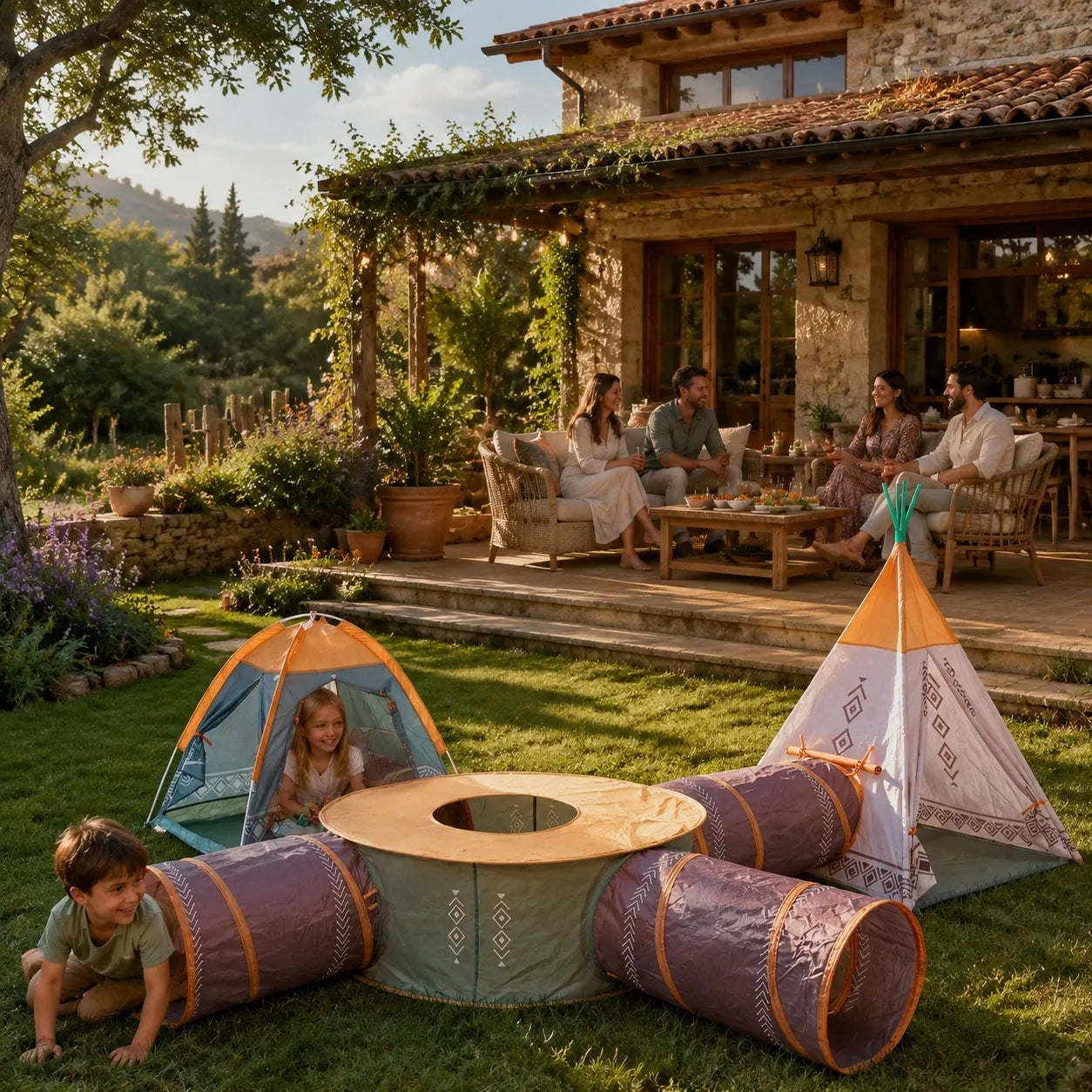 Vaikiška palapinė COIL Tipi namelis su tuneliu 7-viename – stovyklavimui namuose ar lauke