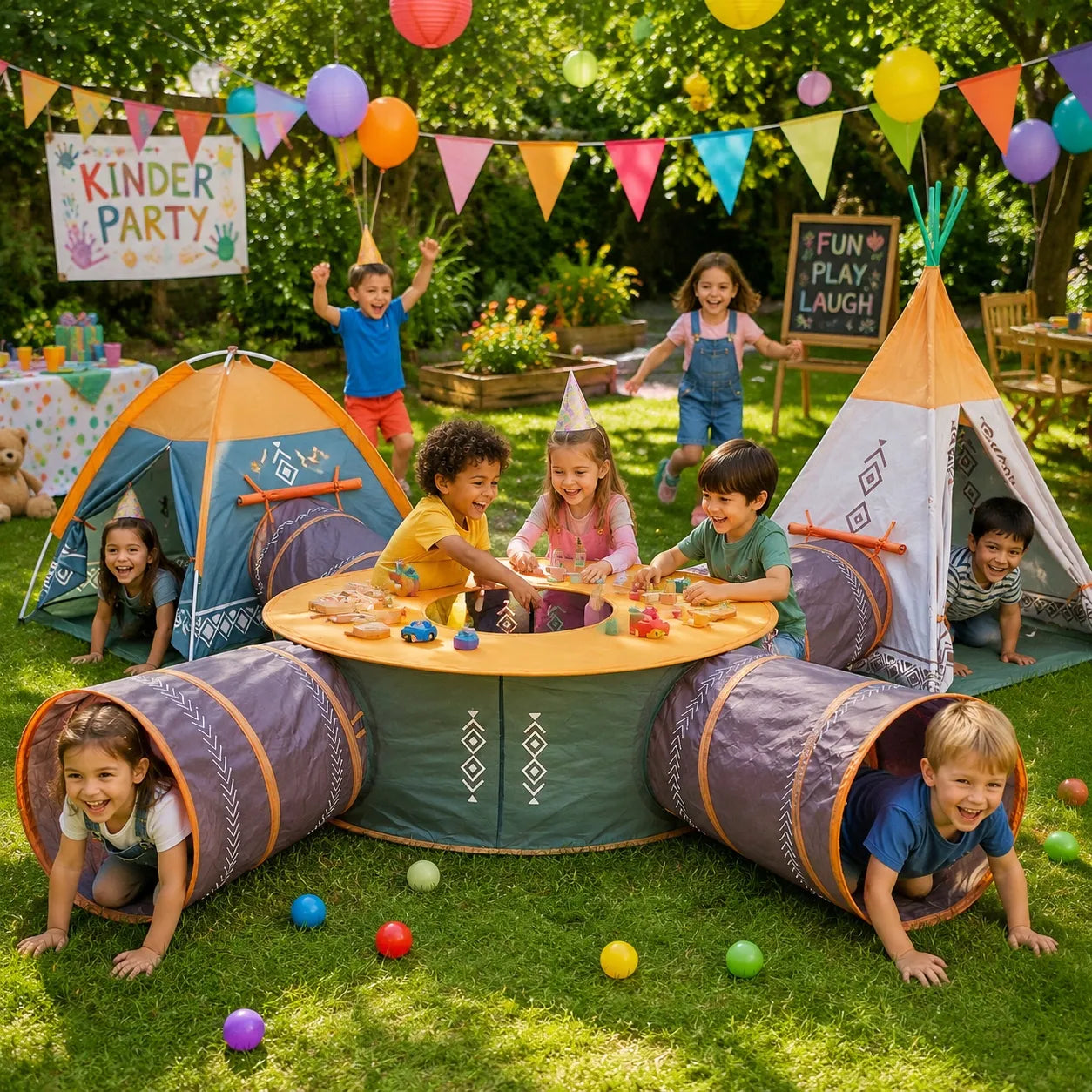 Vaikiška palapinė COIL Tipi namelis su tuneliu 7-viename – stovyklavimui namuose ar lauke