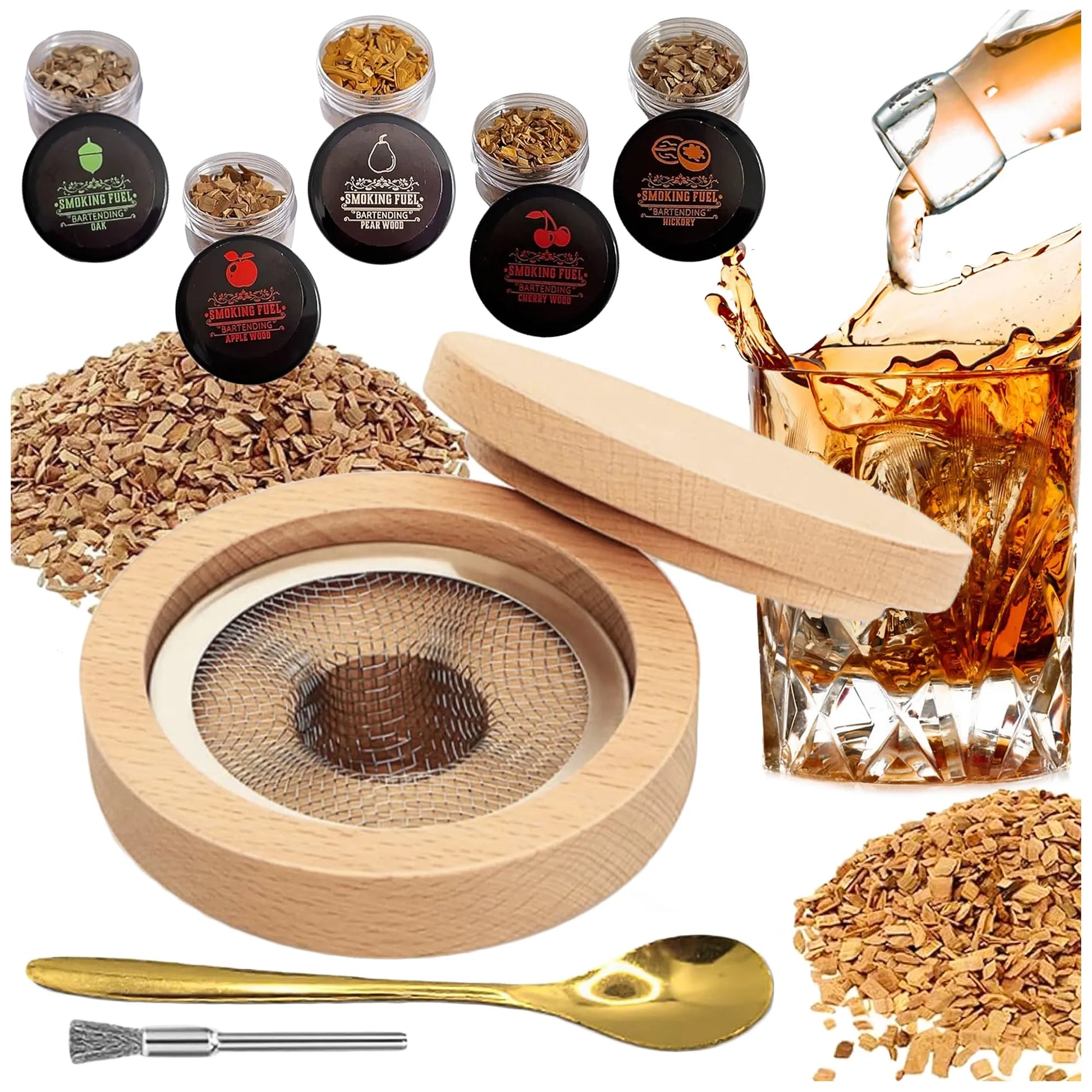 Viskio rūkymo rinkinys Whisky Smoker su medienos drožlėmis, aromatinga dovana vyrui