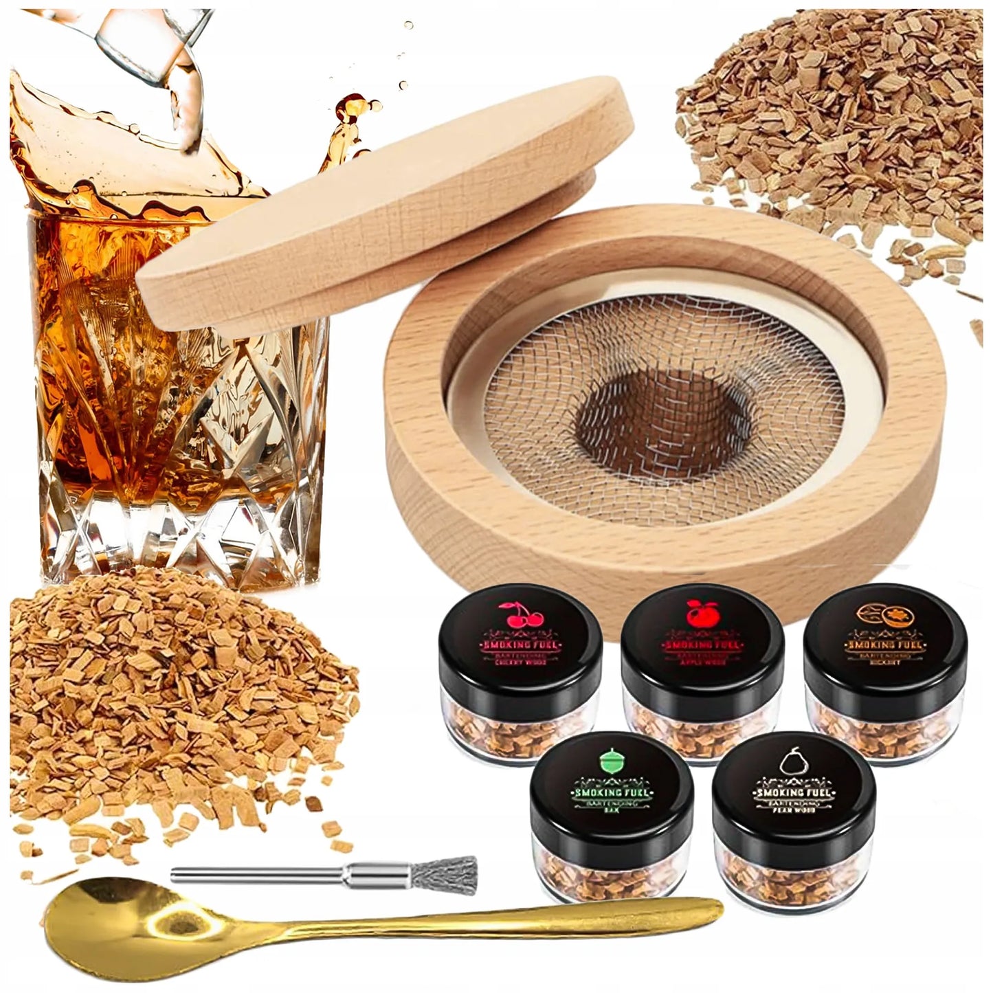 Viskio rūkymo rinkinys Whisky Smoker su medienos drožlėmis, aromatinga dovana vyrui
