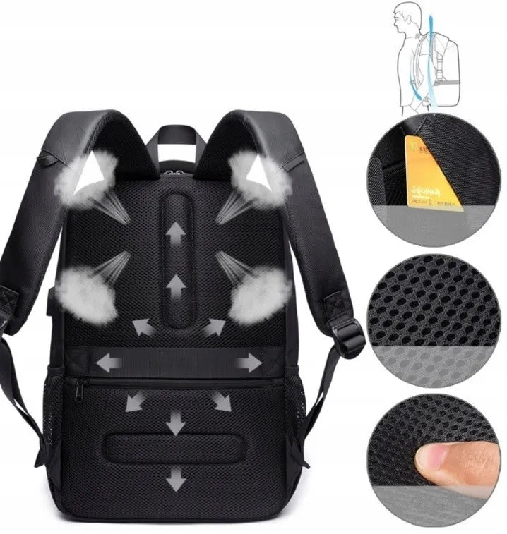 Vyrų miesto kuprinė nešiojamam kompiuteriui, vandeniui atspari, talpi, skirta darbui su USB jungtimi, juoda