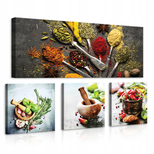 Wallarena 4 dalių paveikslų rinkinys virtuvei ir valgomajam Žolelės XXL 80x55 cm