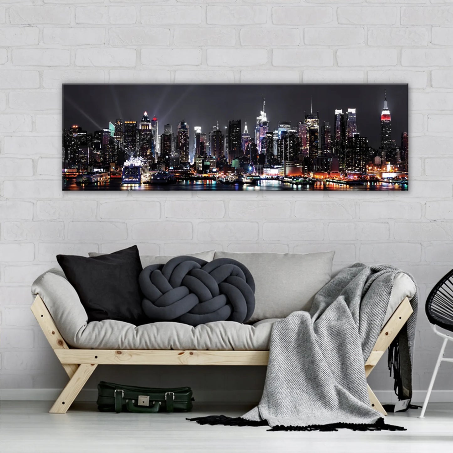 Wallarena didelis modernus paveikslas svetainei arba miegamajam – naktinis miesto tiltas, 145x45 cm