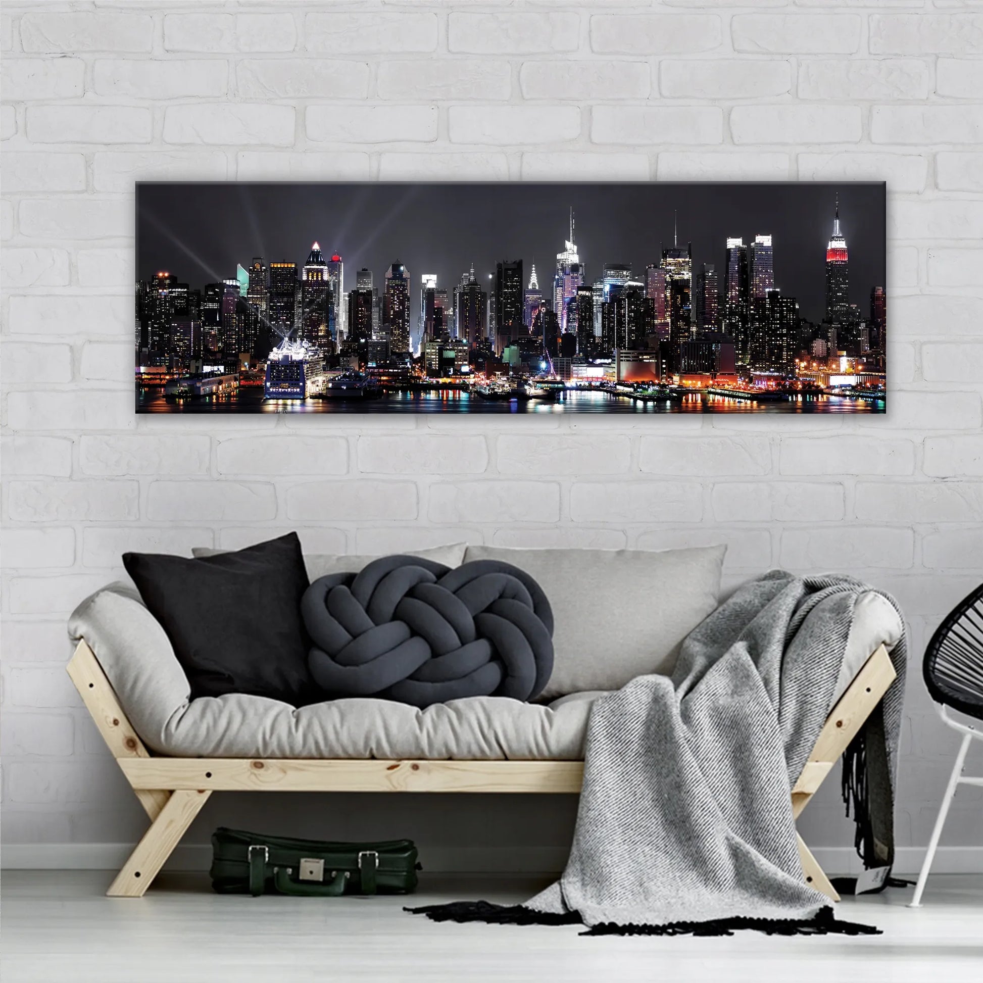 Wallarena didelis modernus paveikslas svetainei arba miegamajam – naktinis miesto tiltas, 145x45 cm