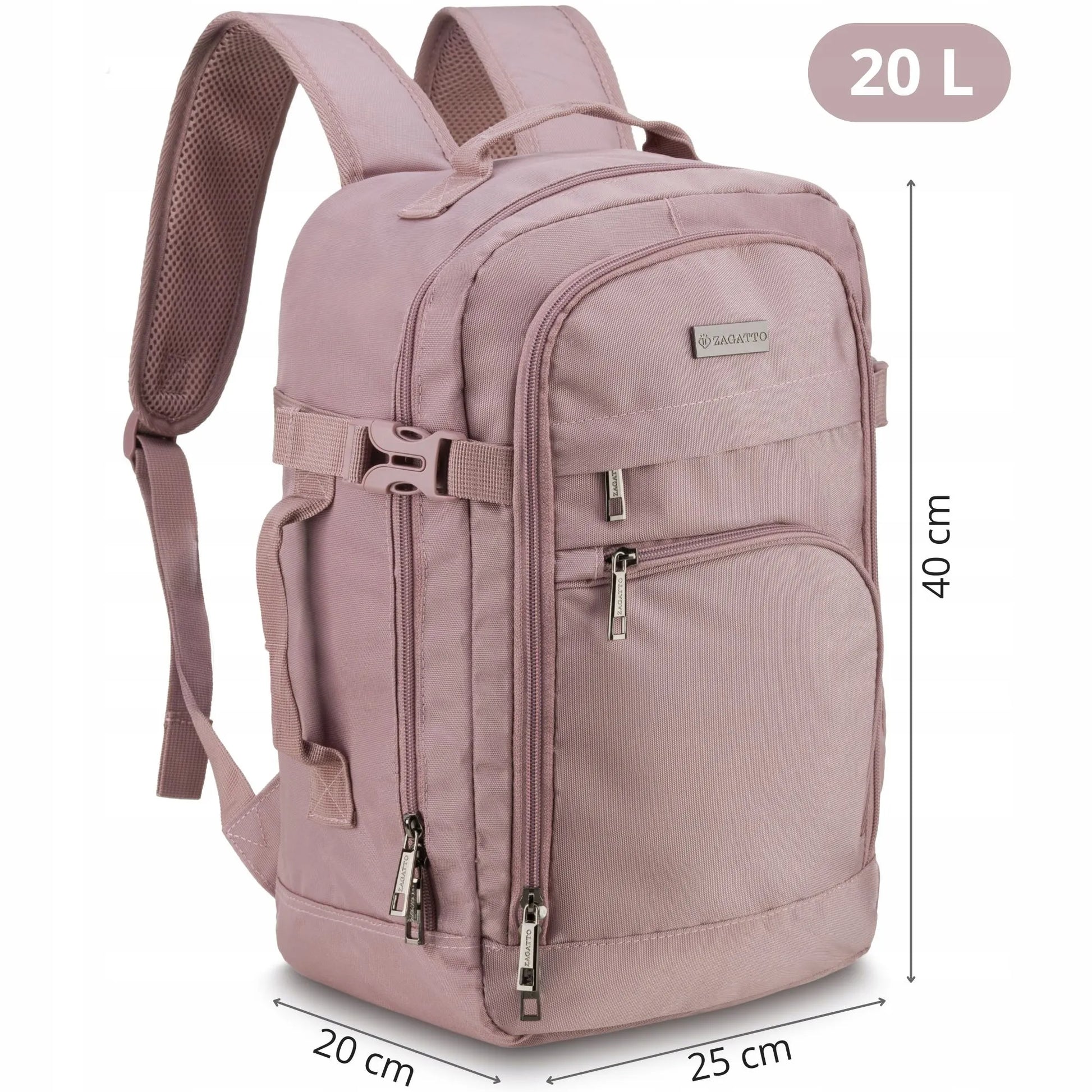 Zagatto® kuprinė į lėktuvą RYANAIR 40x20x25 cm – rankinis bagažas, kelioninė kuprinė, dulkėta rožinė